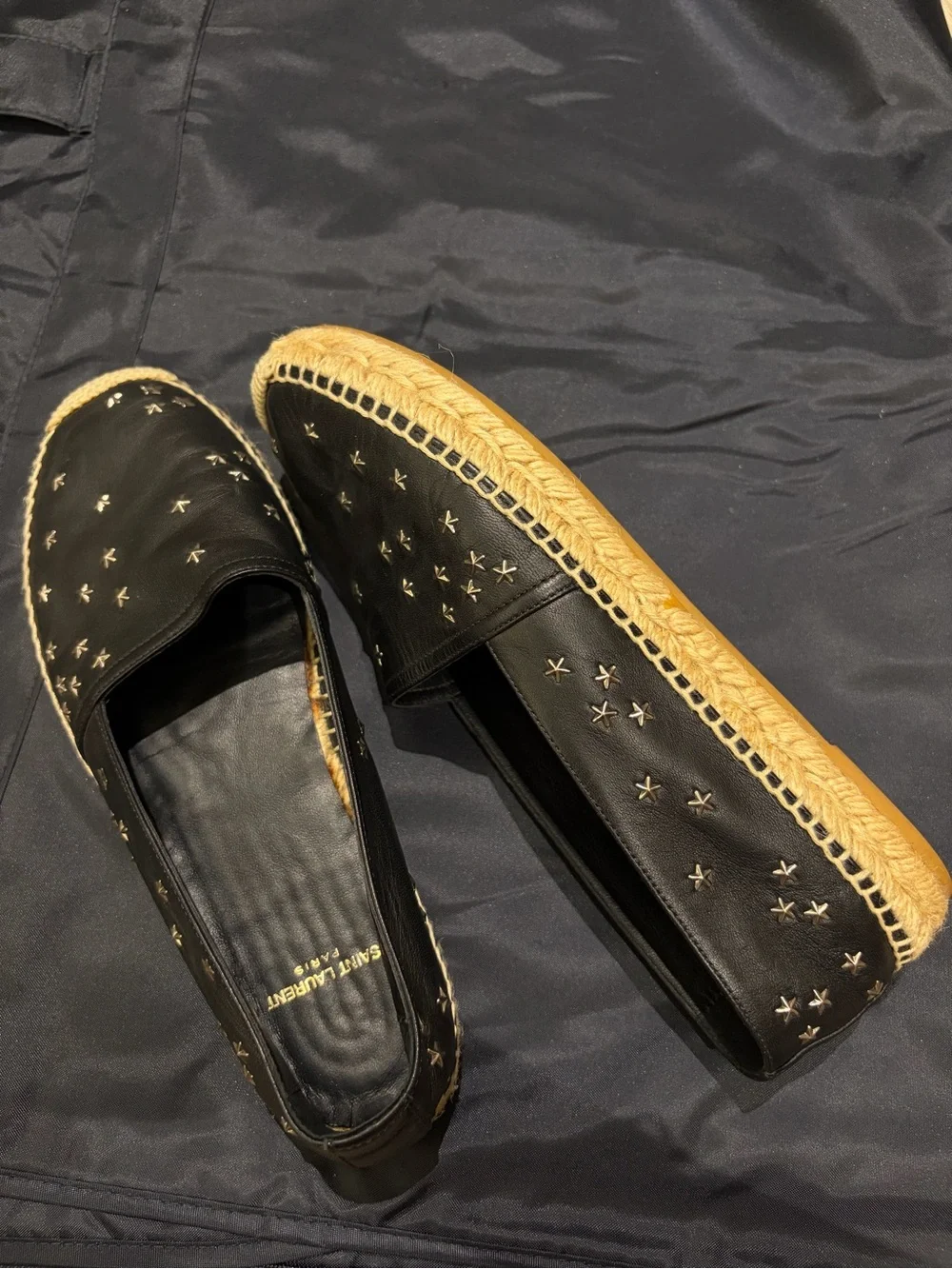 Saint Laurent Black Leather Espadrilles with Gold Star Stitching